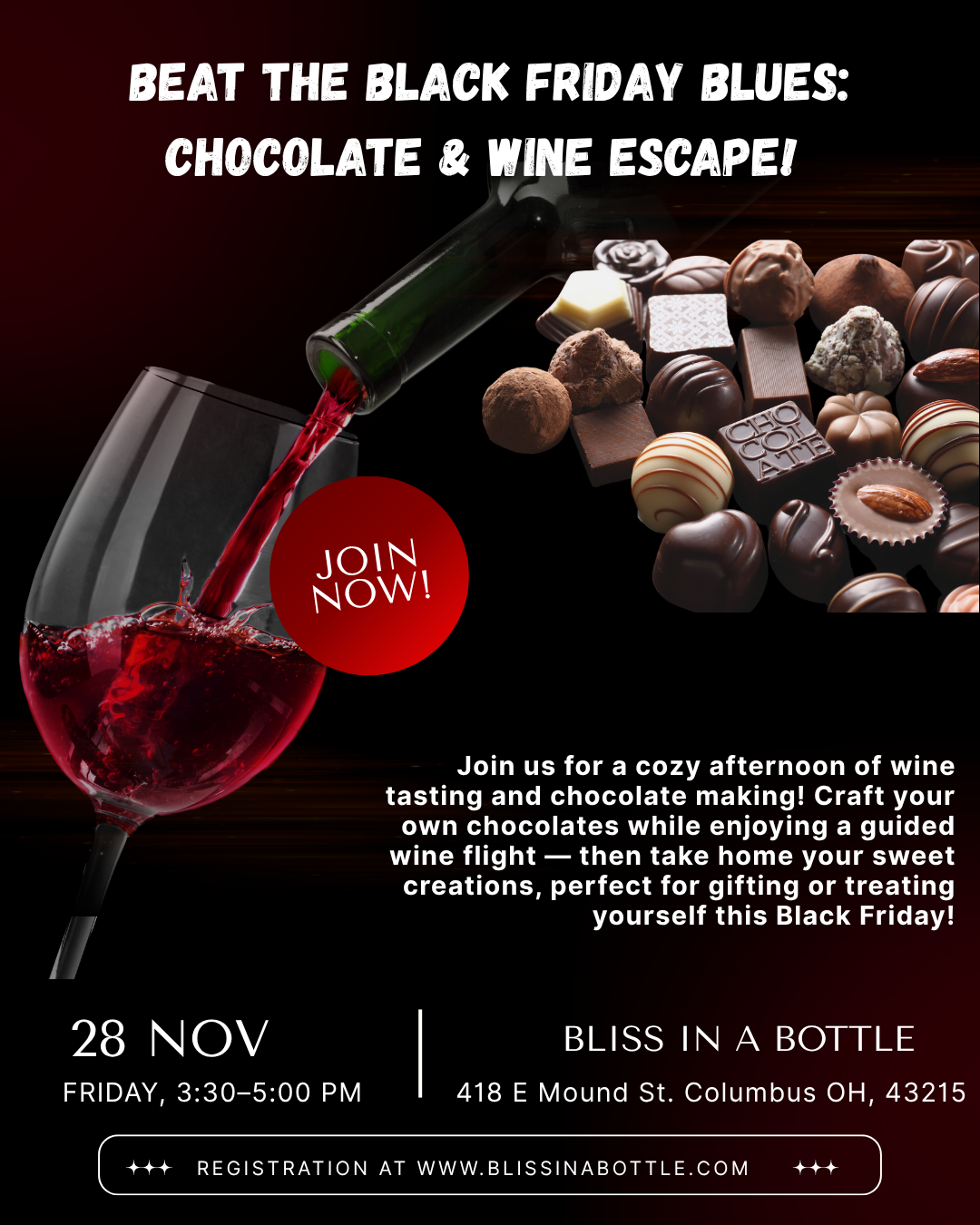 🖤 Beat the Black Friday Blues: Chocolate & Wine Tasting Class! 🍷🍫